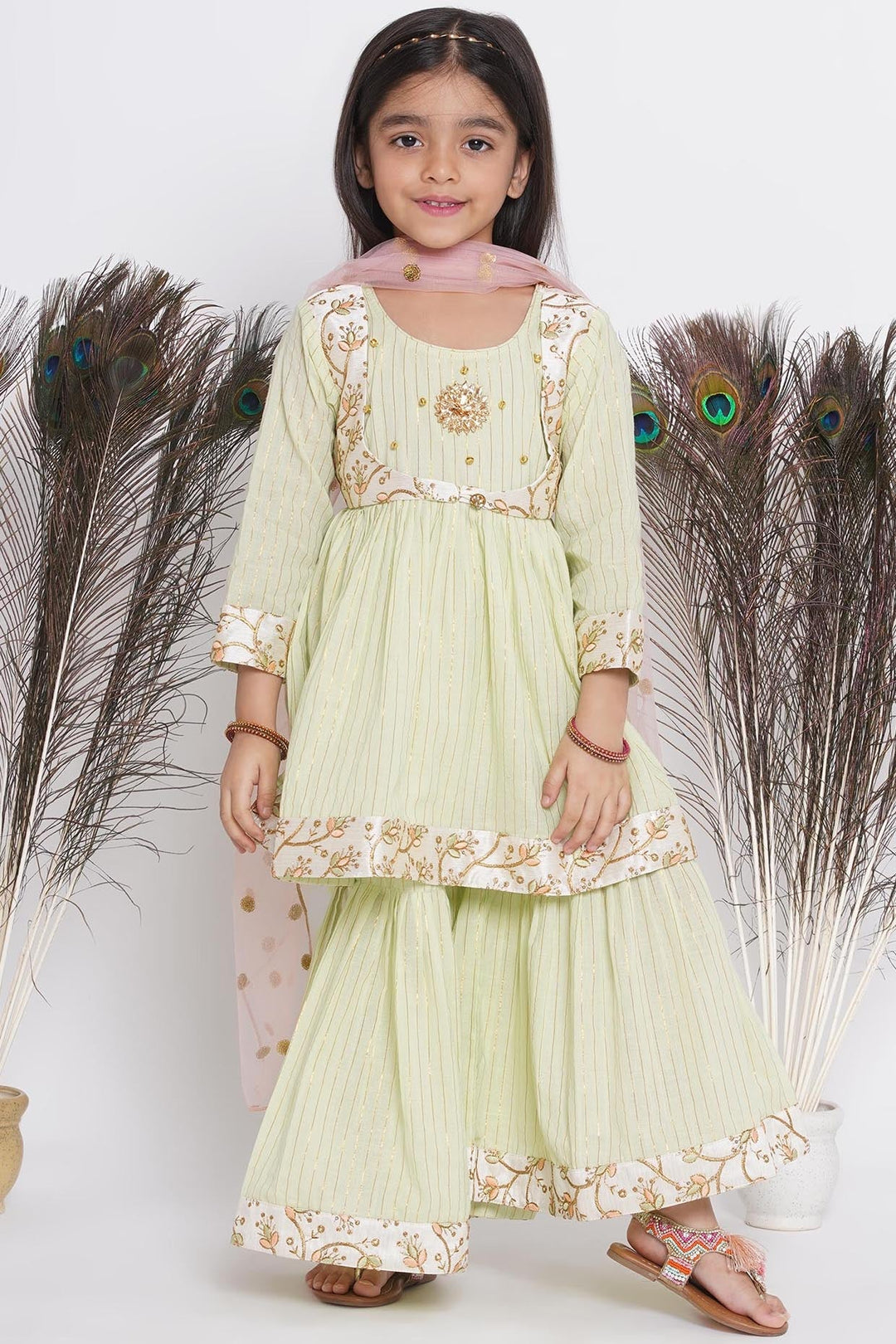 Floral Embroidery Jacket with Cotton Lurex Frock Sharara and Dupatta | SHOBITAM