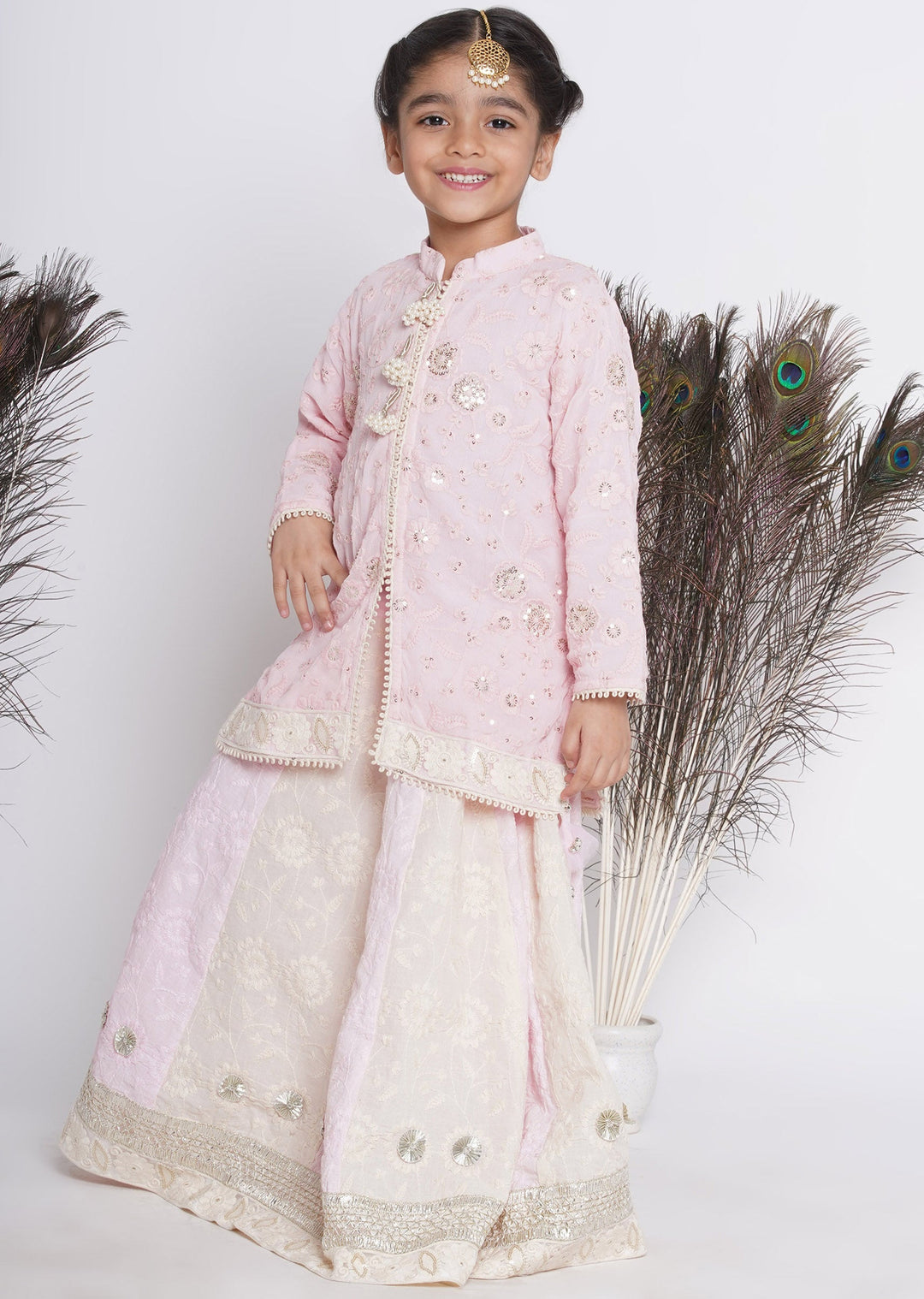Girls Baby Pink & Cream Kali Work Lehenga with Handwork of Gota and Tussels | SHOBITAM