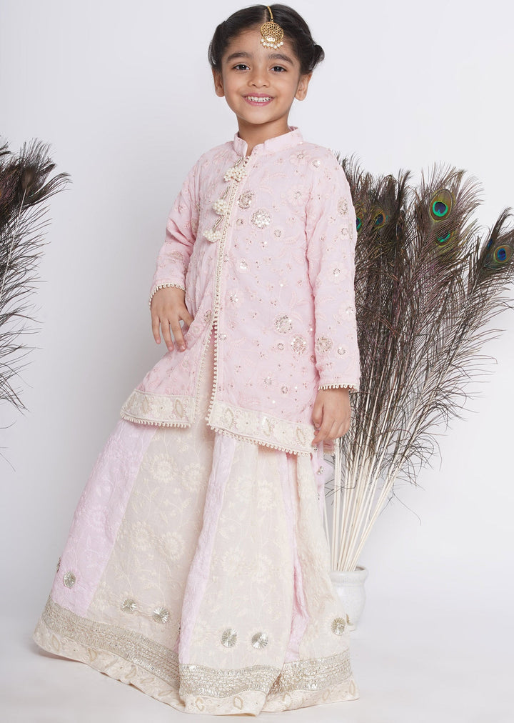 Girls Baby Pink & Cream Kali Work Lehenga with Handwork of Gota and Tussels | SHOBITAM