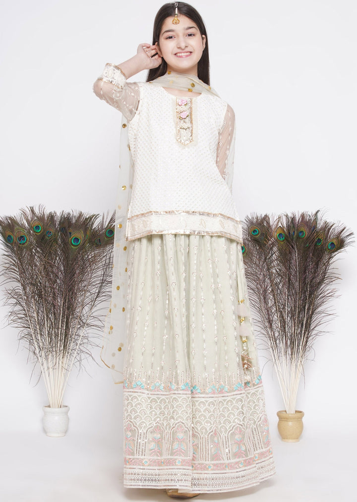 Floral Work Green Lehenga with Floral Embroidery Kurta and Dupatta | SHOBITAM