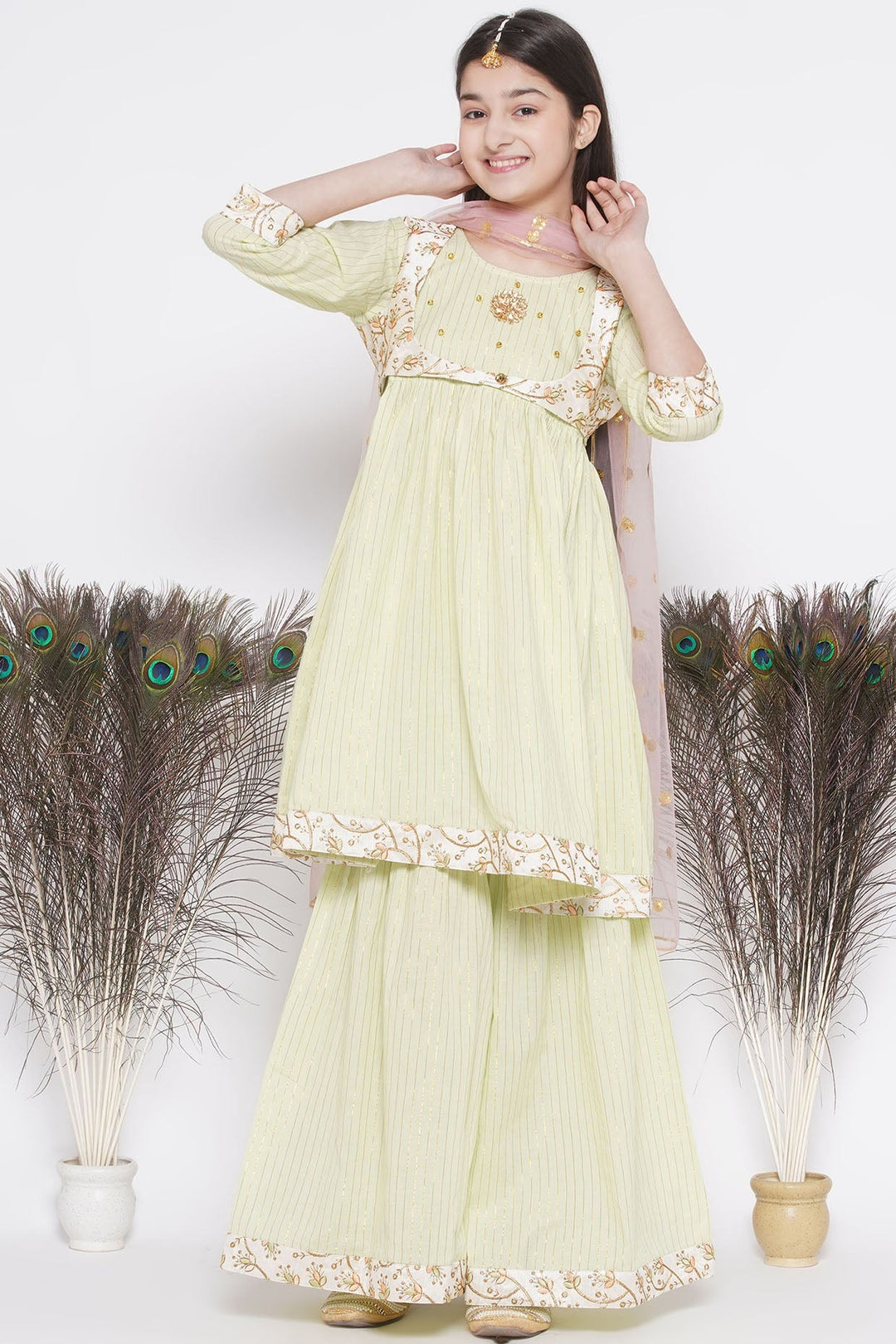 Floral Embroidery Jacket with Cotton Lurex Frock Sharara and Dupatta | SHOBITAM