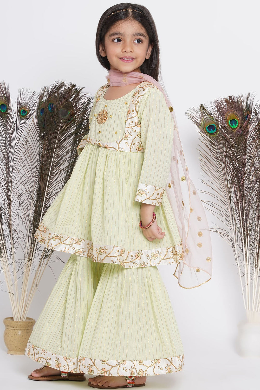 Floral Embroidery Jacket with Cotton Lurex Frock Sharara and Dupatta | SHOBITAM