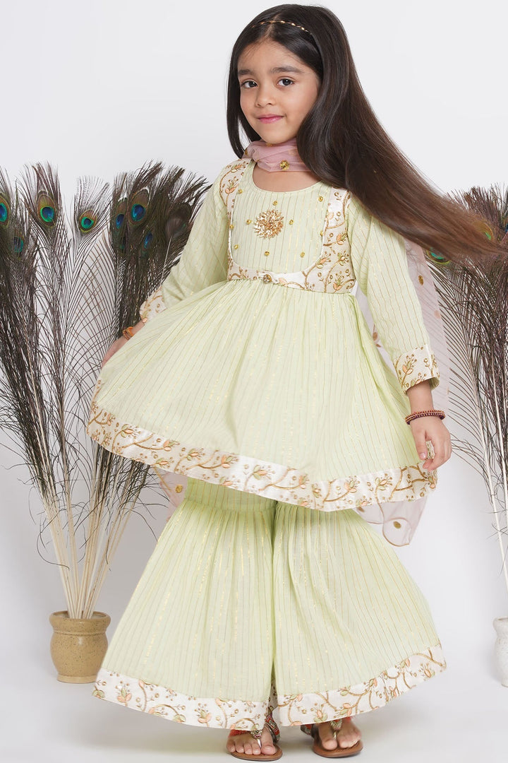 Floral Embroidery Jacket with Cotton Lurex Frock Sharara and Dupatta | SHOBITAM