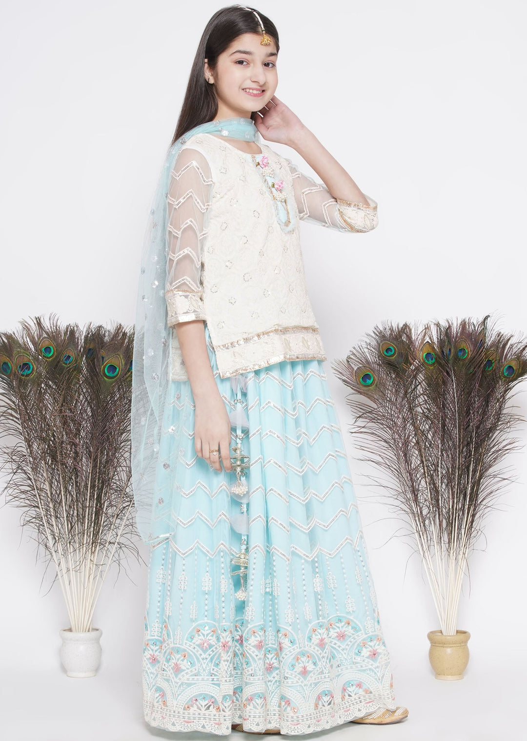 Floral Work Cloudy Blue Lehenga with Floral Embroidery Kurta and Dupatta | SHOBITAM