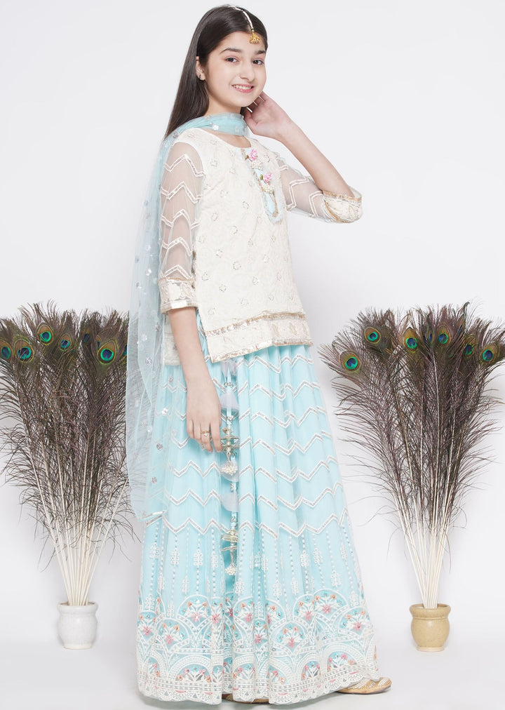 Floral Work Cloudy Blue Lehenga with Floral Embroidery Kurta and Dupatta | SHOBITAM