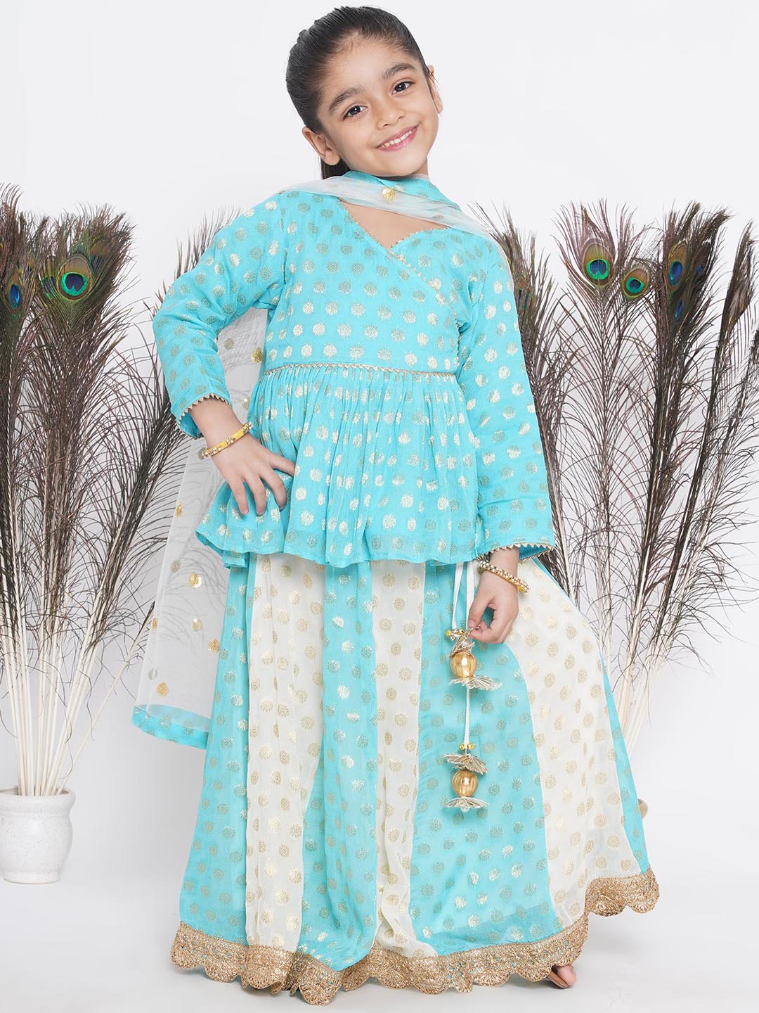 Girls Blue & Off White Kali Work Lehenga with Handmade Latkan and Dupatta | SHOBITAM