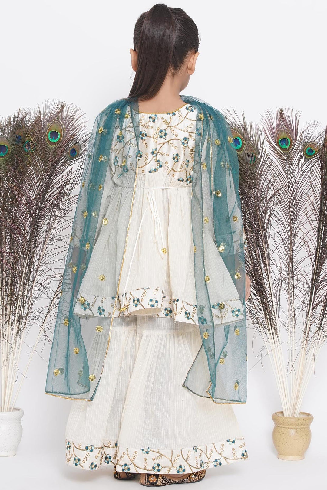 Blue Floral Embroidery Jacket with Cotton Kantha Frock Sharara and Dupatta | SHOBITAM