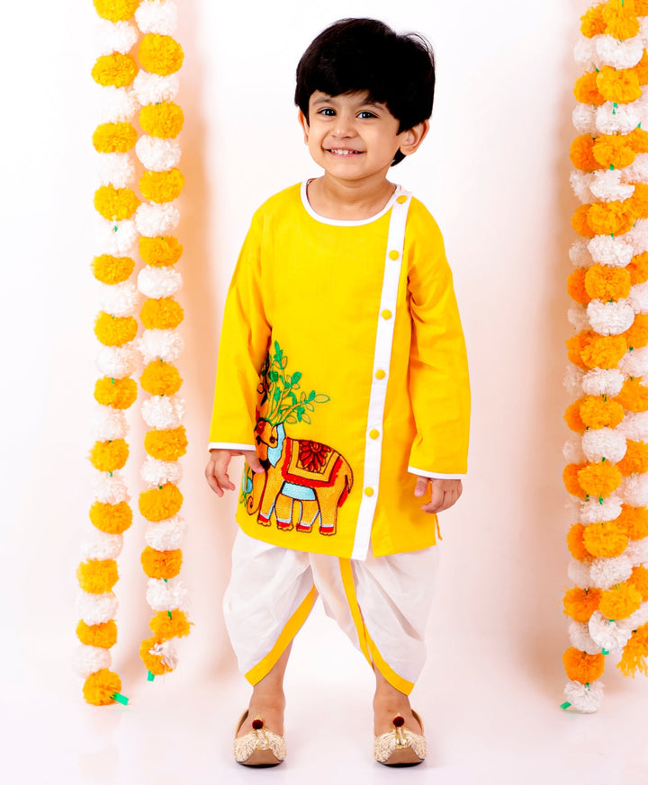 Boys Pure Cotton Elephant Embroidery Yellow Kurta with White Dhoti | SHOBITAM
