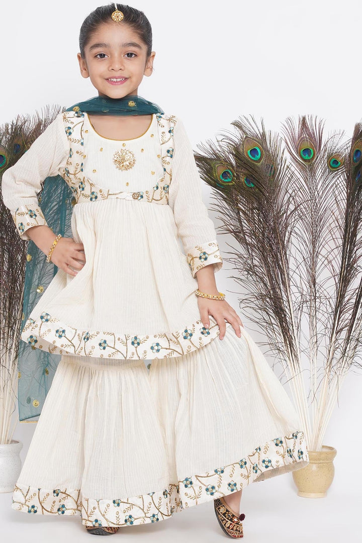 Blue Floral Embroidery Jacket with Cotton Kantha Frock Sharara and Dupatta | SHOBITAM