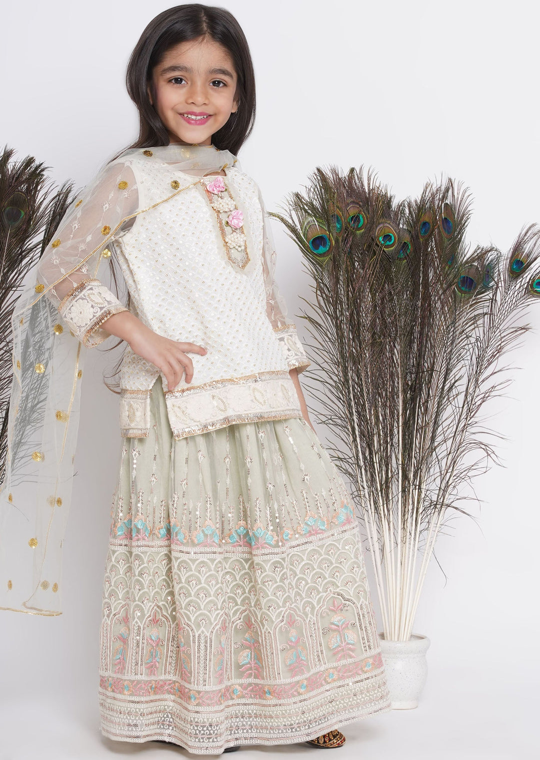 Floral Work Green Lehenga with Floral Embroidery Kurta and Dupatta | SHOBITAM
