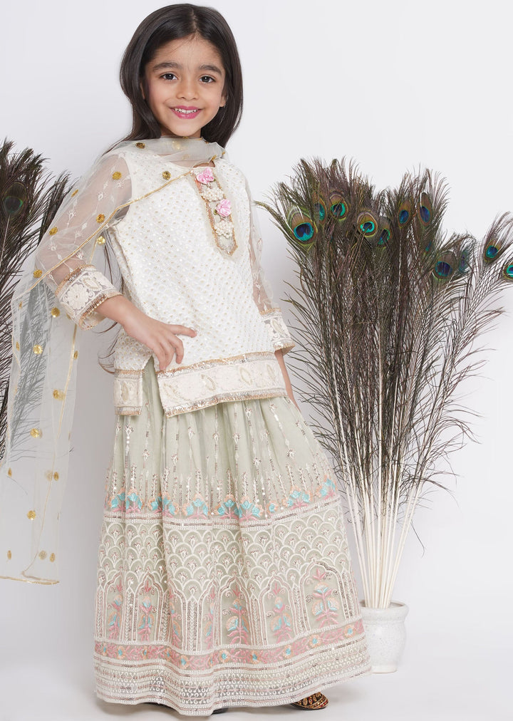 Floral Work Green Lehenga with Floral Embroidery Kurta and Dupatta | SHOBITAM