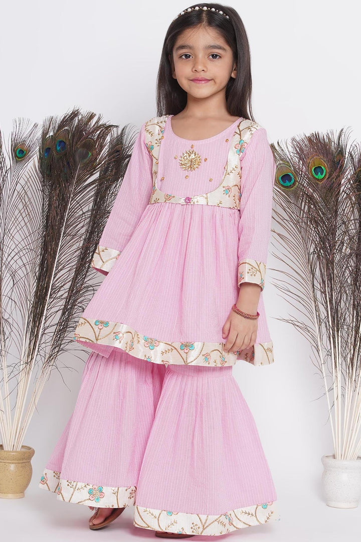 Floral Embroidery Jacket with Cotton Kantha Frock Sharara and Dupatta | SHOBITAM