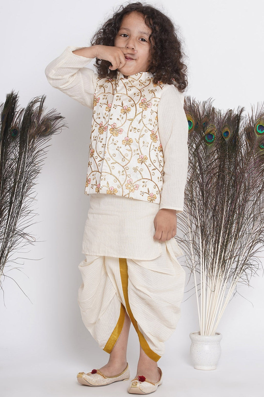 Boys Orange Pink Floral Embroidery Jacket with Cotton Kantha kurta and Kantha Dhoti | SHOBITAM