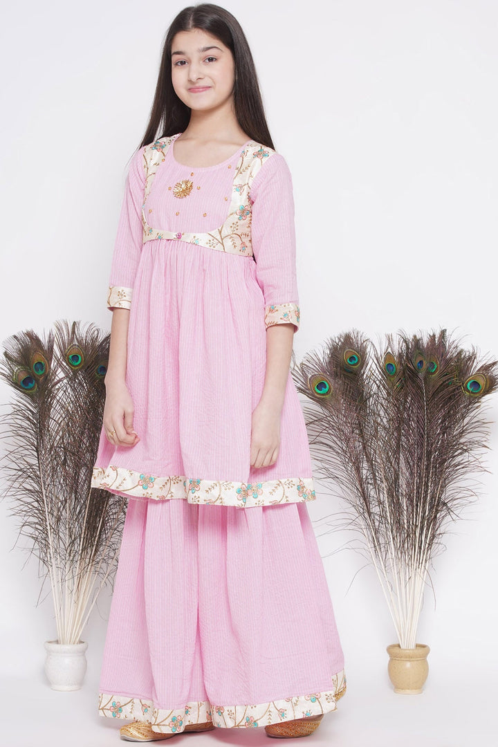 Floral Embroidery Jacket with Cotton Kantha Frock Sharara and Dupatta | SHOBITAM