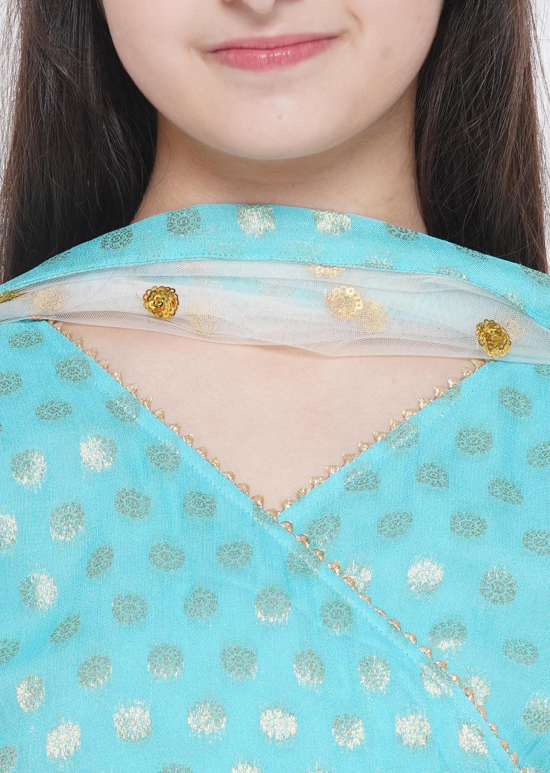 Girls Blue & Off White Kali Work Lehenga with Handmade Latkan and Dupatta | SHOBITAM
