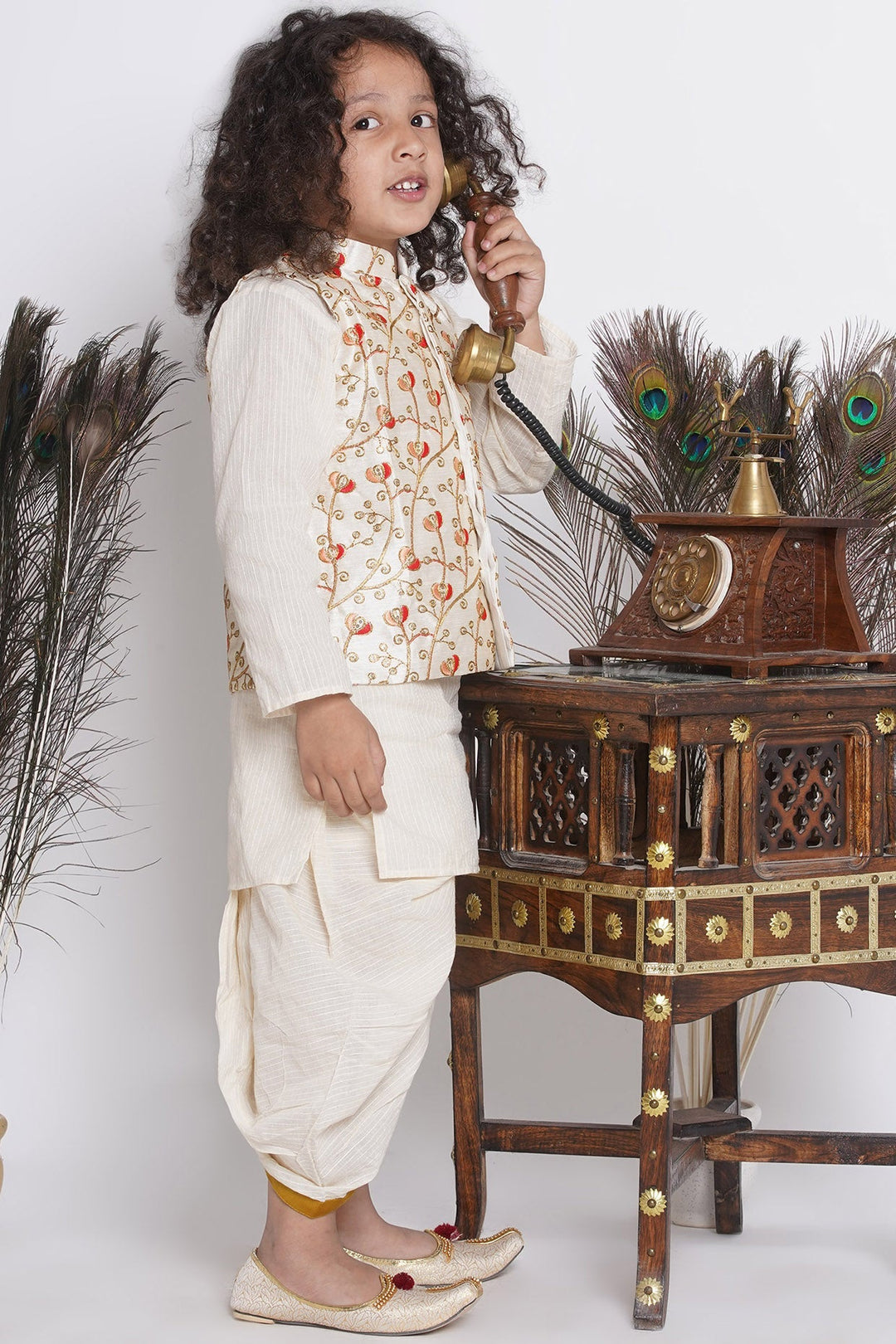 Banarsi Red Tulip Embroidery Jacket with Cotton Kantha kurta and Kantha Dhoti | SHOBITAM