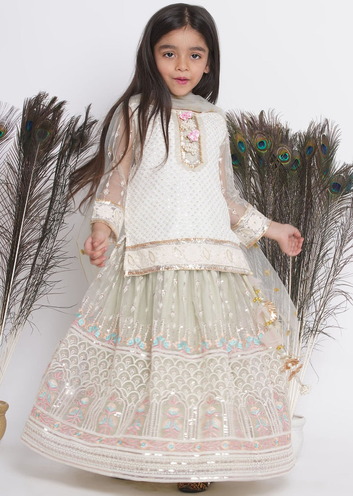 Floral Work Green Lehenga with Floral Embroidery Kurta and Dupatta | SHOBITAM