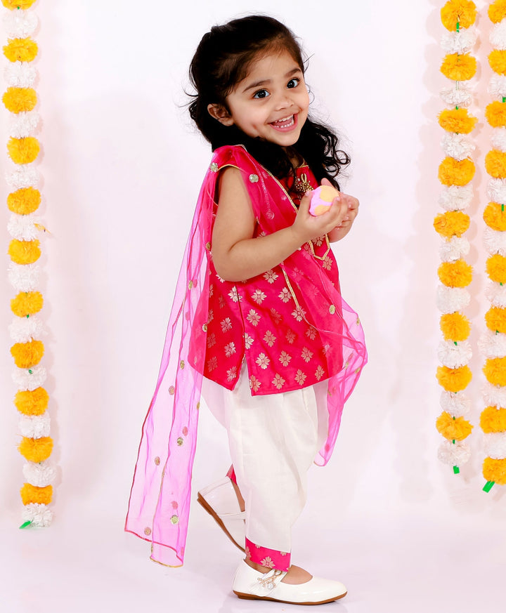 Girls Banarsi Kurta with Salwar and Dupatta - Rani & White | SHOBITAM