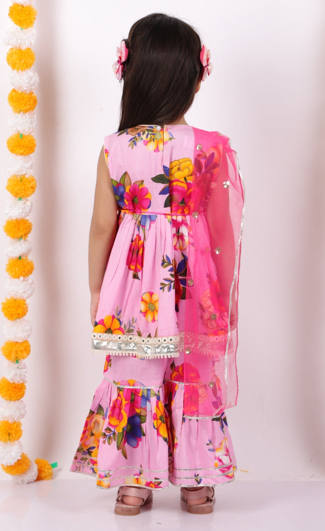 Girls Floral Frock kurta & Gotta sharara with lacework duppata in Pink | SHOBITAM