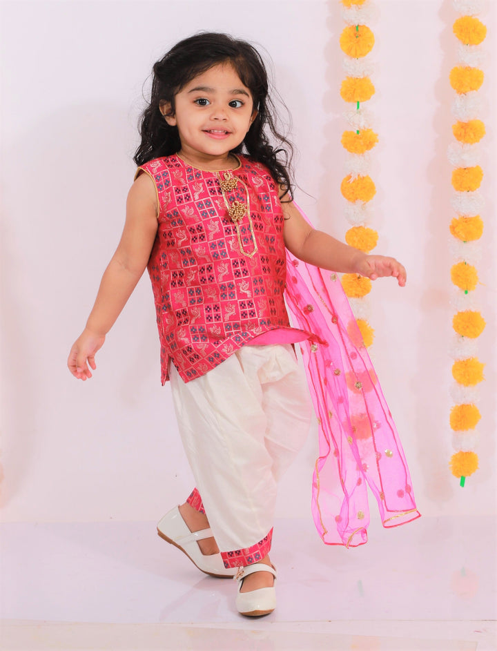 Girls Banarsi Bird Kurta with Salwar and Dupatta - Rani & White | SHOBITAM