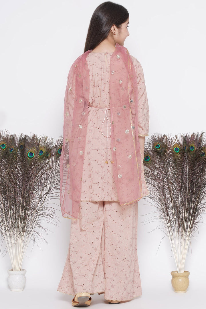 Girls Floral Shiffli Kurta with Plazzo and Dupatta  | SHOBITAM