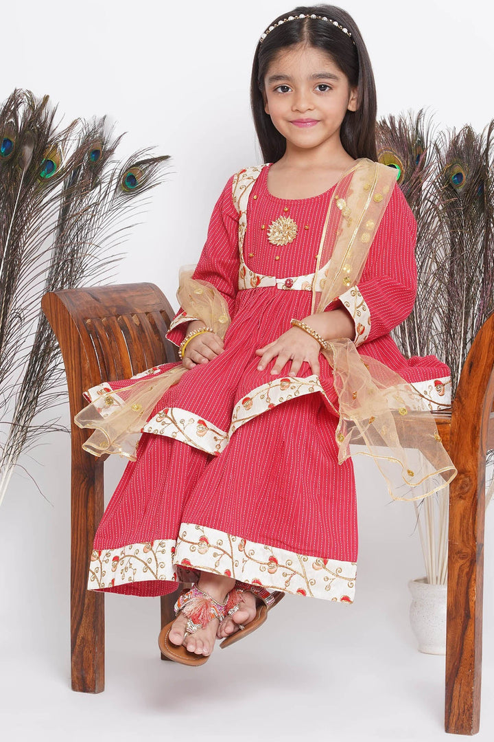 Floral Embroidery Jacket with Cotton Kantha Frock Sharara and Dupatta in Red | SHOBITAM