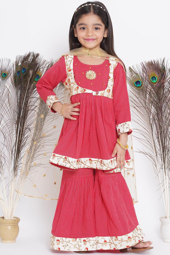 Floral Embroidery Jacket with Cotton Kantha Frock Sharara and Dupatta in Red | SHOBITAM