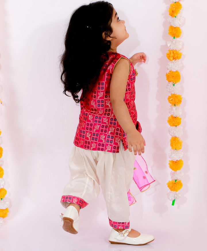 Girls Banarsi Bird Kurta with Salwar and Dupatta - Rani & White | SHOBITAM