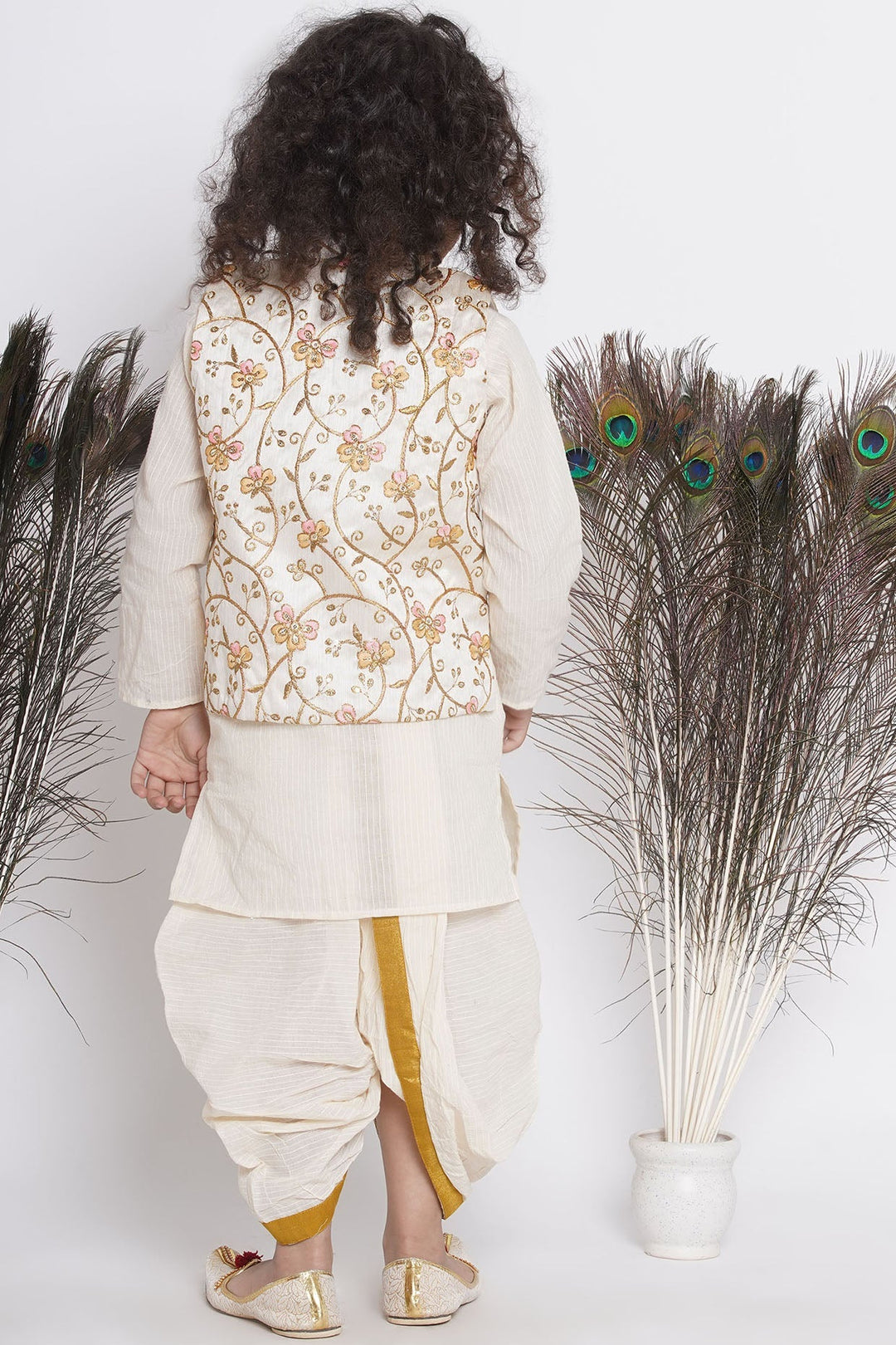 Boys Orange Pink Floral Embroidery Jacket with Cotton Kantha kurta and Kantha Dhoti | SHOBITAM