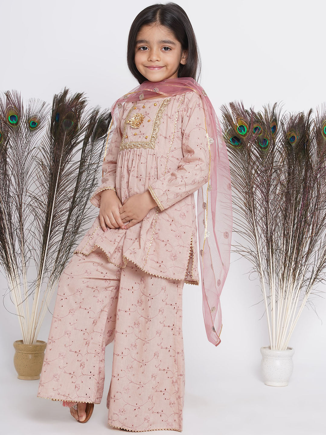 Girls Floral Shiffli Kurta with Plazzo and Dupatta  | SHOBITAM