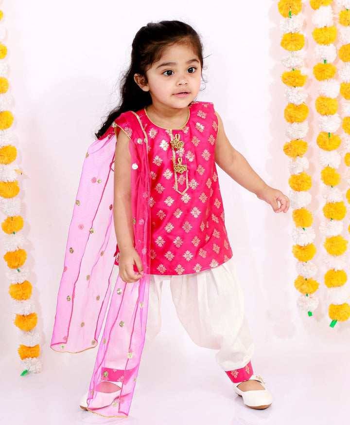 Girls Banarsi Kurta with Salwar and Dupatta - Rani & White | SHOBITAM