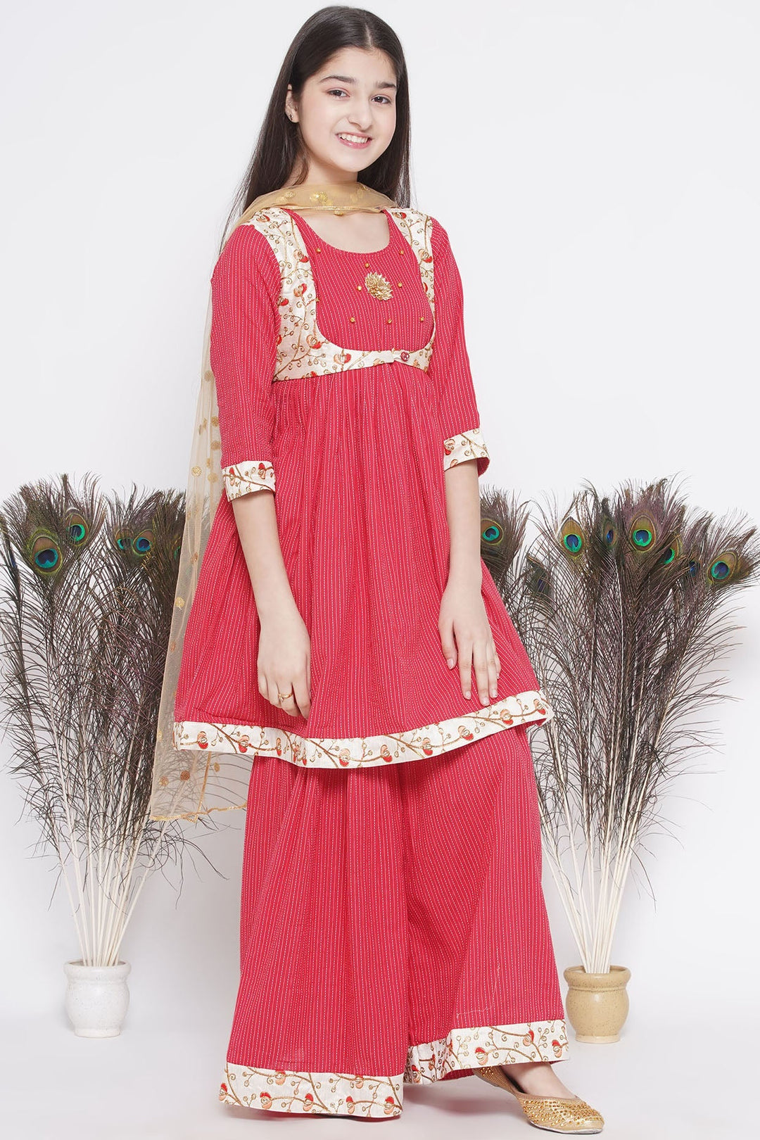 Floral Embroidery Jacket with Cotton Kantha Frock Sharara and Dupatta in Red | SHOBITAM