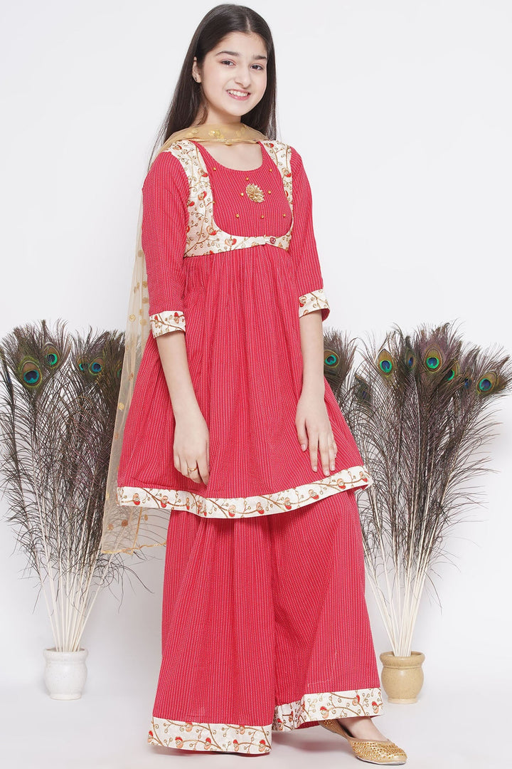 Floral Embroidery Jacket with Cotton Kantha Frock Sharara and Dupatta in Red | SHOBITAM