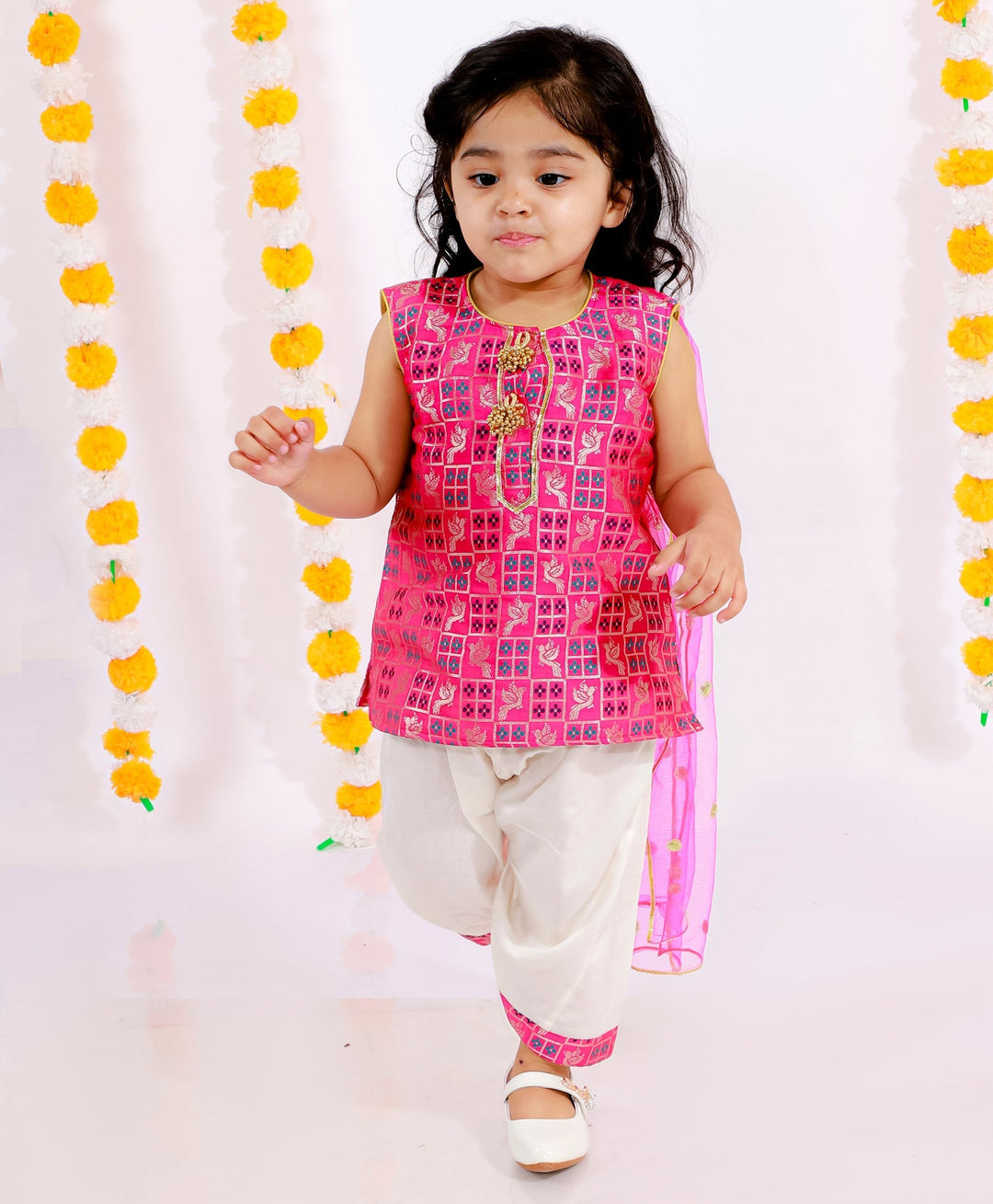 Girls Banarsi Bird Kurta with Salwar and Dupatta - Rani & White | SHOBITAM