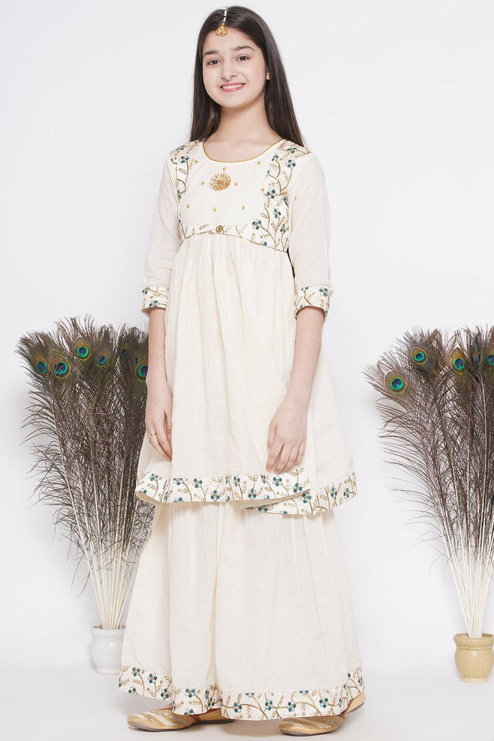 Blue Floral Embroidery Jacket with Cotton Kantha Frock Sharara and Dupatta | SHOBITAM