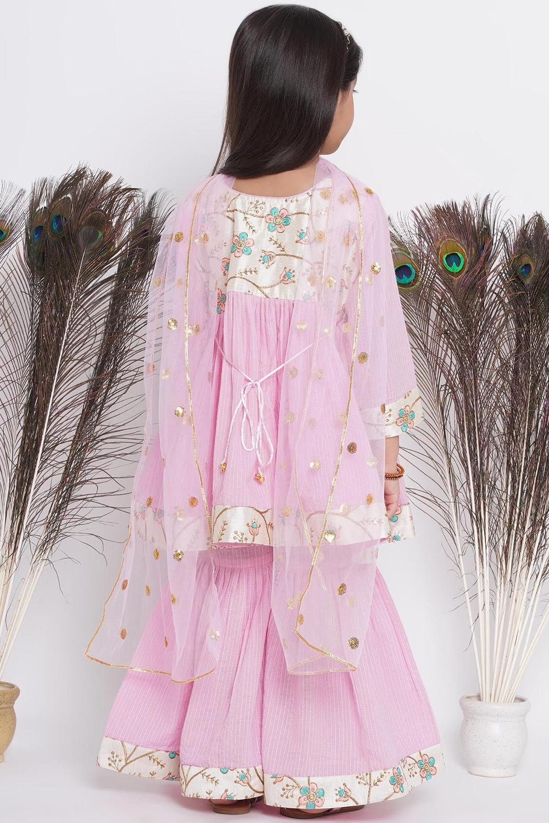 Floral Embroidery Jacket with Cotton Kantha Frock Sharara and Dupatta | SHOBITAM