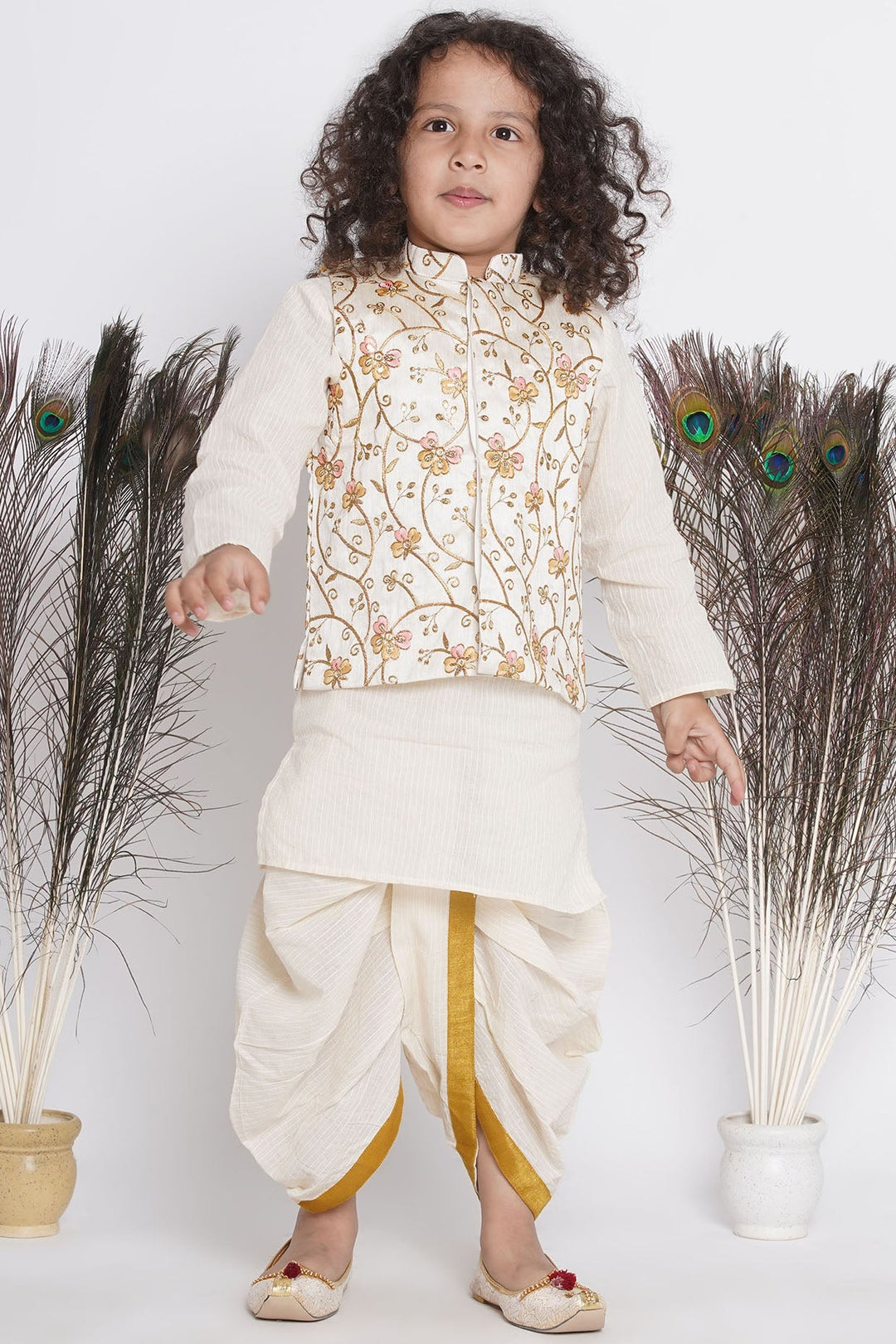 Boys Orange Pink Floral Embroidery Jacket with Cotton Kantha kurta and Kantha Dhoti | SHOBITAM
