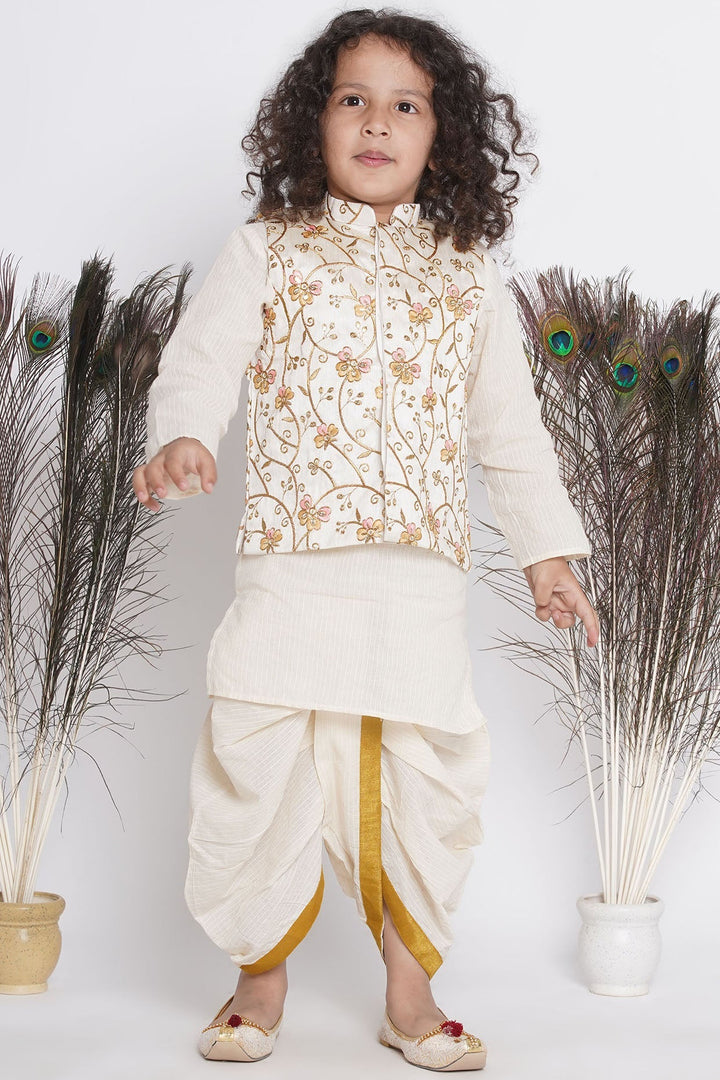 Boys Orange Pink Floral Embroidery Jacket with Cotton Kantha kurta and Kantha Dhoti | SHOBITAM