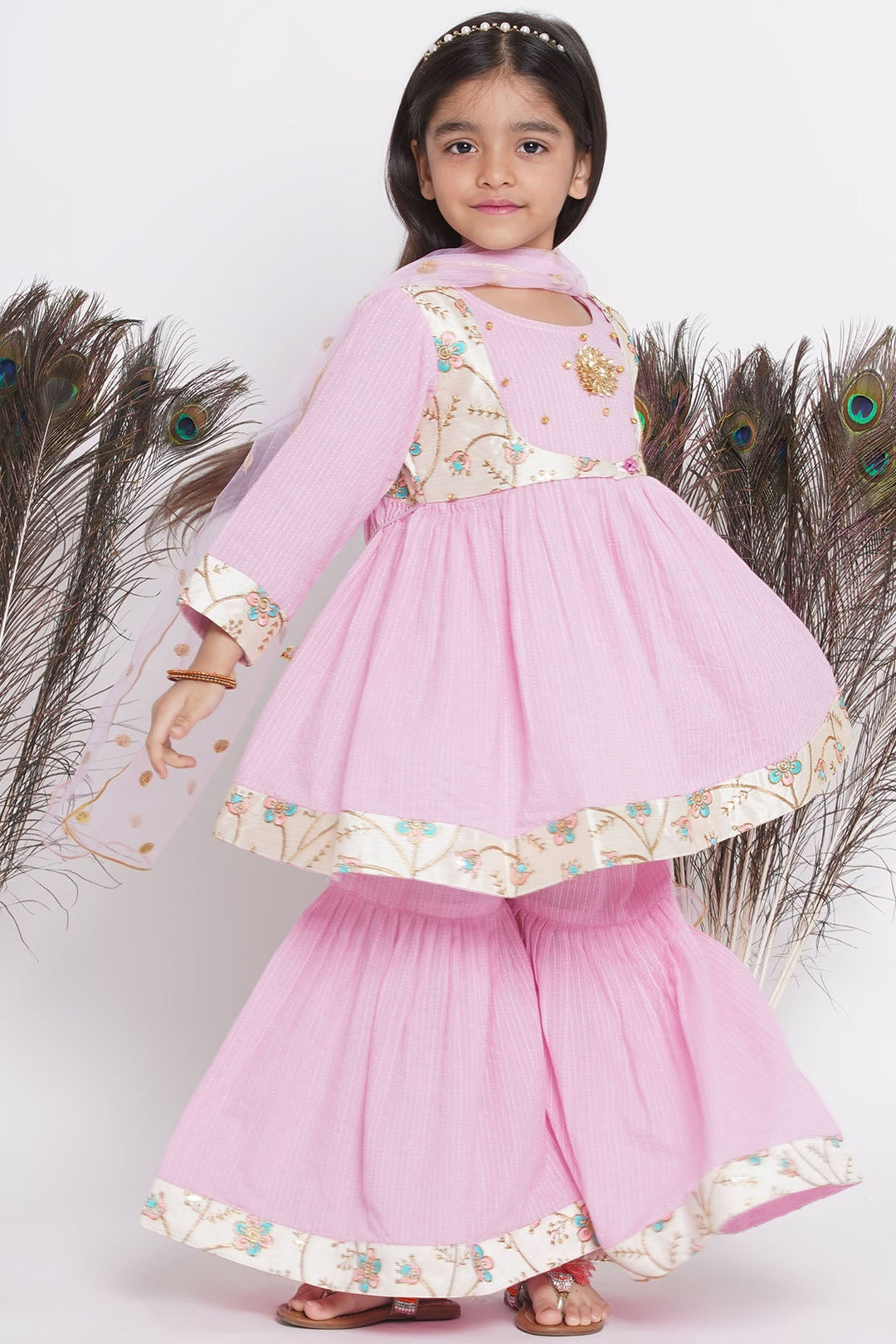 Floral Embroidery Jacket with Cotton Kantha Frock Sharara and Dupatta | SHOBITAM