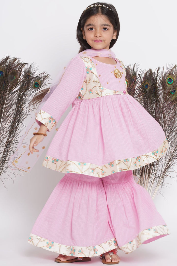 Floral Embroidery Jacket with Cotton Kantha Frock Sharara and Dupatta | SHOBITAM