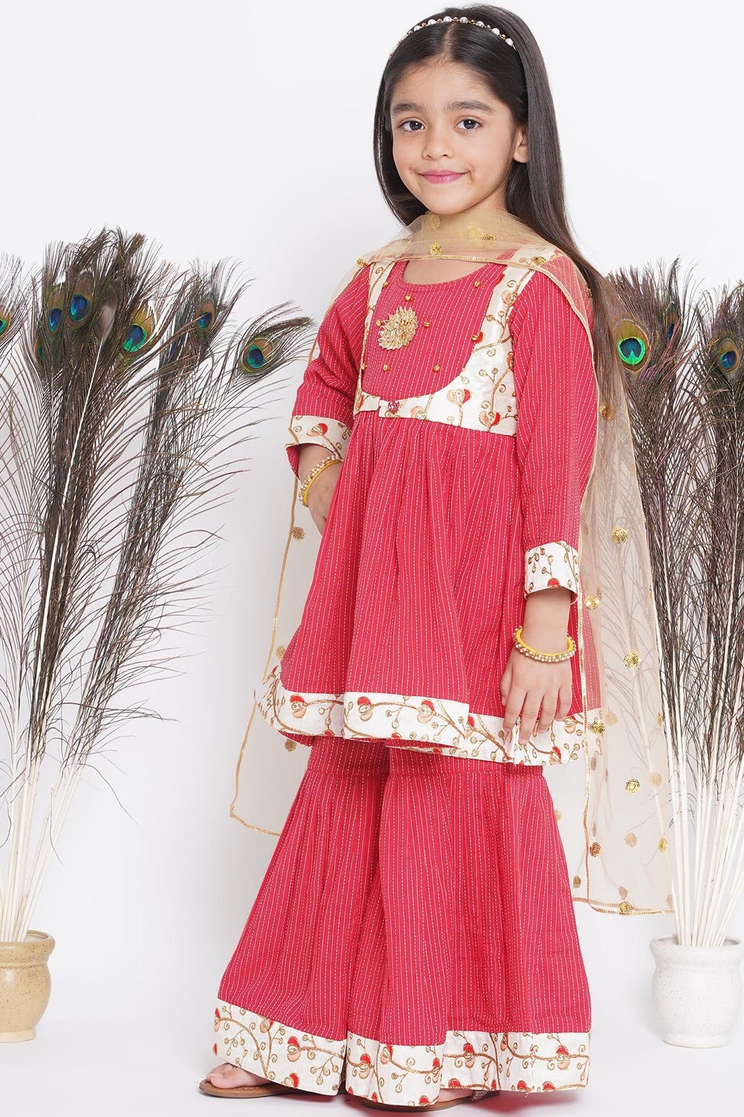 Floral Embroidery Jacket with Cotton Kantha Frock Sharara and Dupatta in Red | SHOBITAM