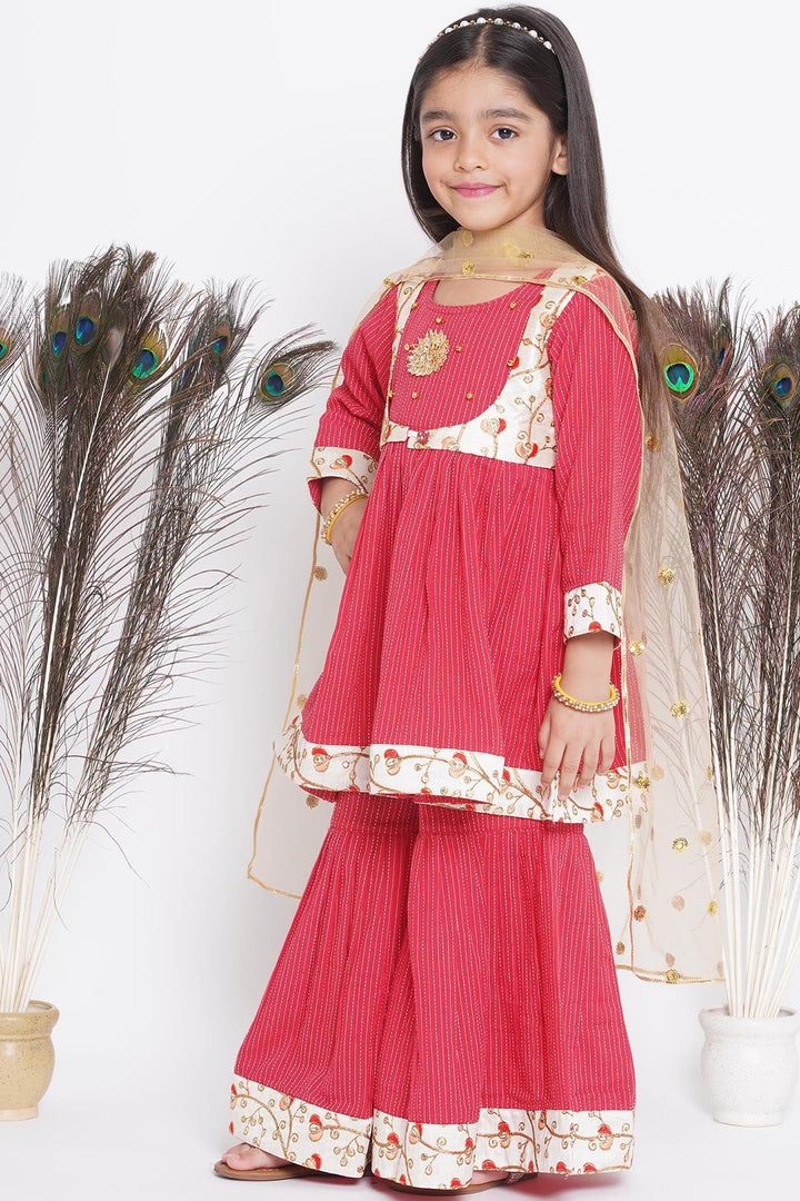 Floral Embroidery Jacket with Cotton Kantha Frock Sharara and Dupatta in Red | SHOBITAM