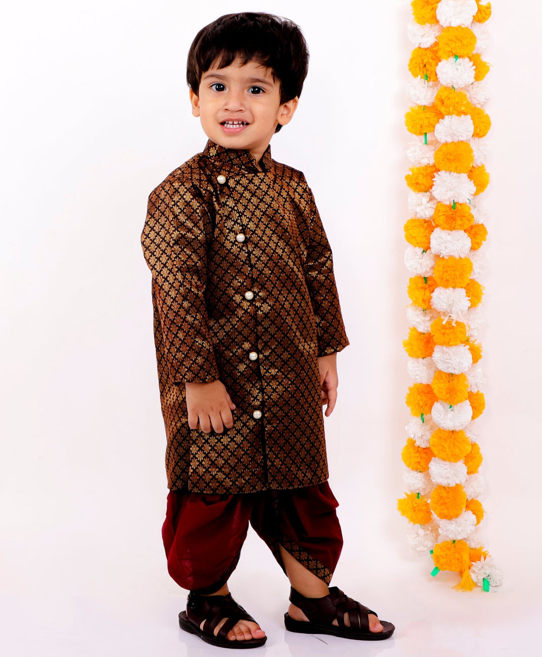 Boys Banarsi Silk Black Sherwani with Maroon Dhoti | SHOBITAM