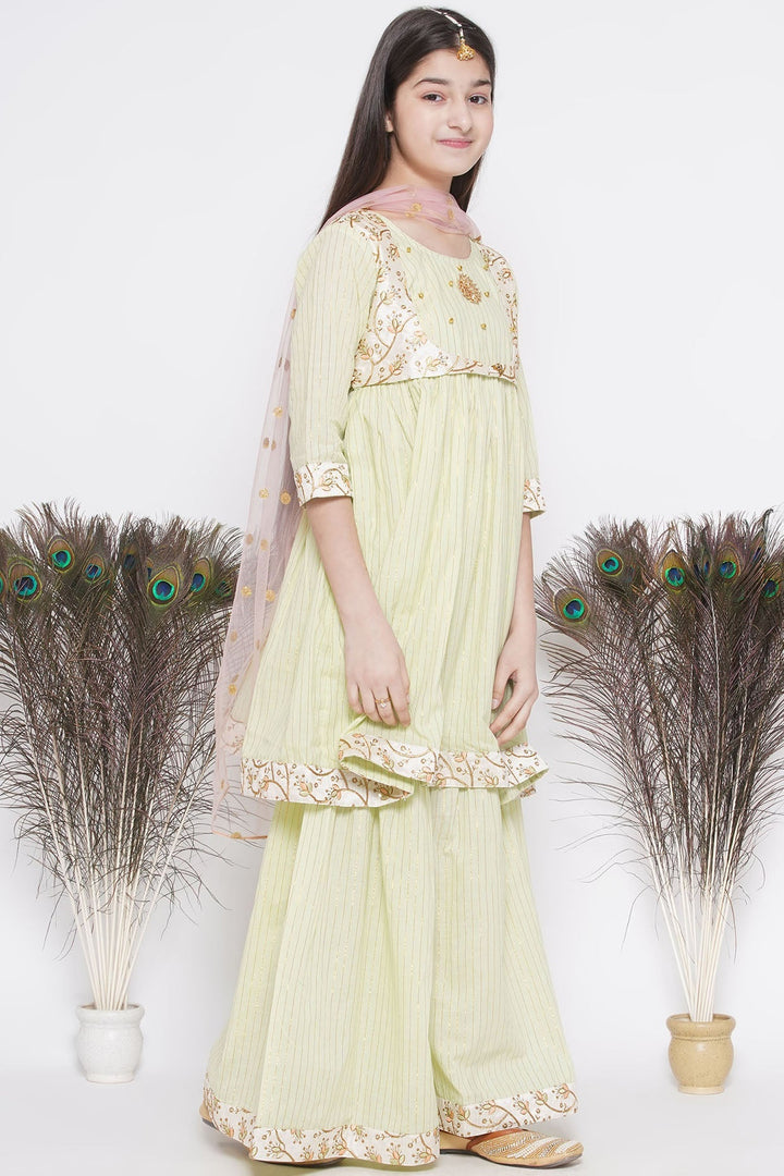 Floral Embroidery Jacket with Cotton Lurex Frock Sharara and Dupatta | SHOBITAM