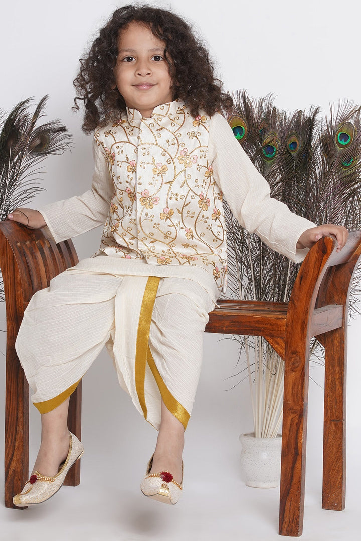 Boys Orange Pink Floral Embroidery Jacket with Cotton Kantha kurta and Kantha Dhoti | SHOBITAM