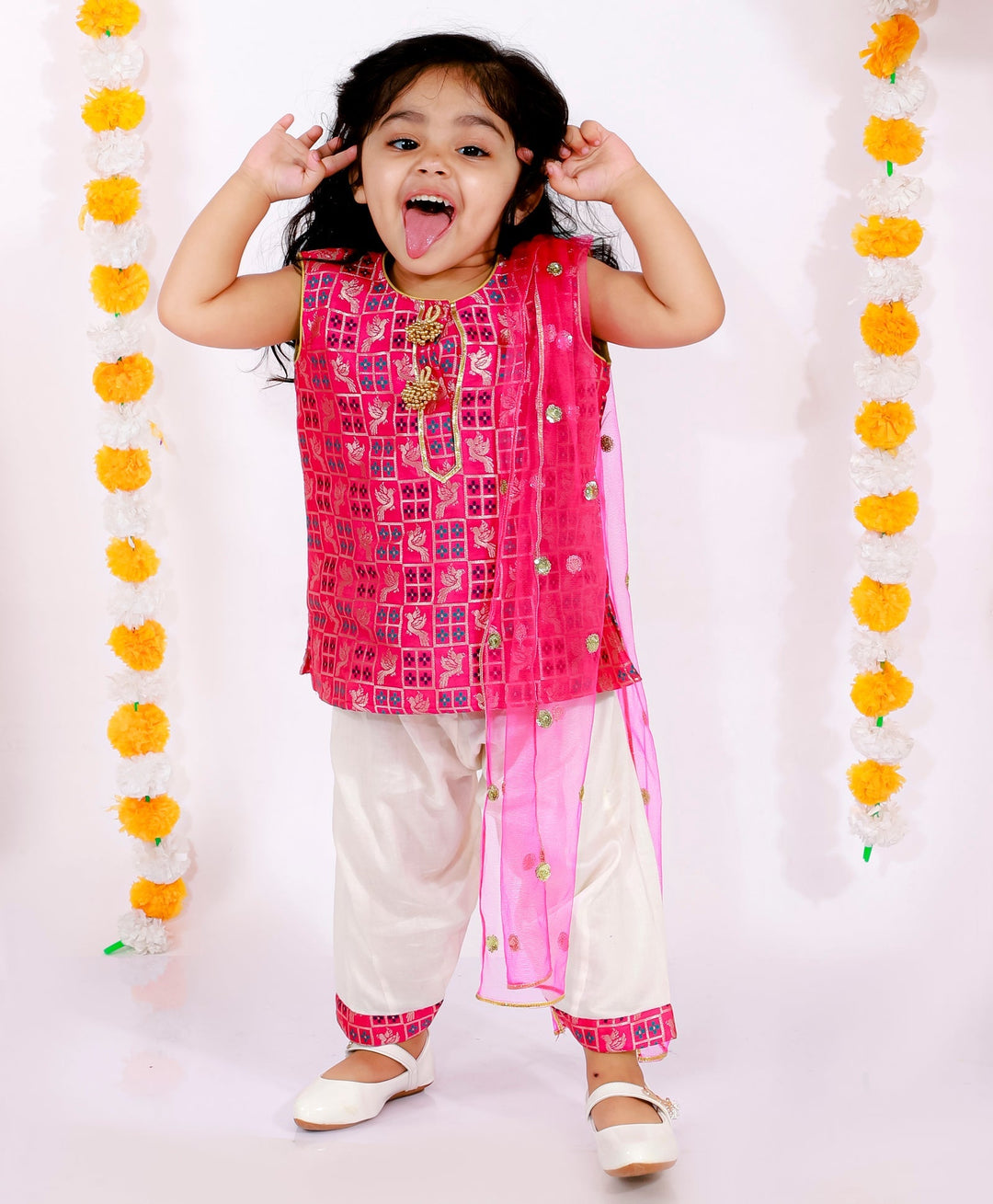 Girls Banarsi Bird Kurta with Salwar and Dupatta - Rani & White | SHOBITAM