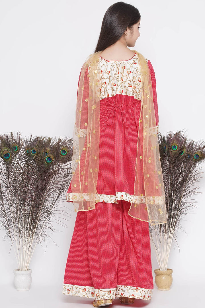 Floral Embroidery Jacket with Cotton Kantha Frock Sharara and Dupatta in Red | SHOBITAM
