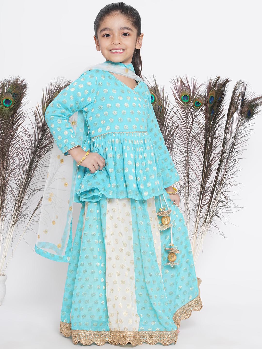 Girls Blue & Off White Kali Work Lehenga with Handmade Latkan and Dupatta | SHOBITAM
