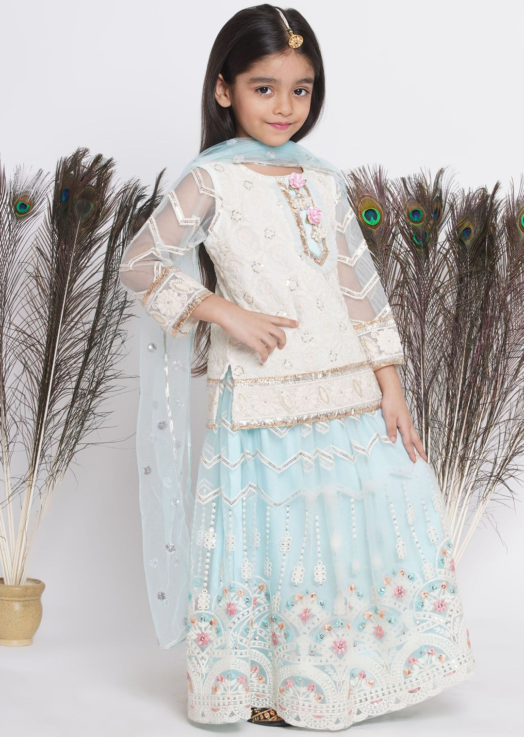 Floral Work Cloudy Blue Lehenga with Floral Embroidery Kurta and Dupatta | SHOBITAM