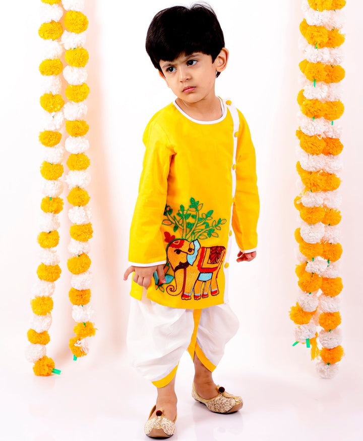 Boys Pure Cotton Elephant Embroidery Yellow Kurta with White Dhoti | SHOBITAM